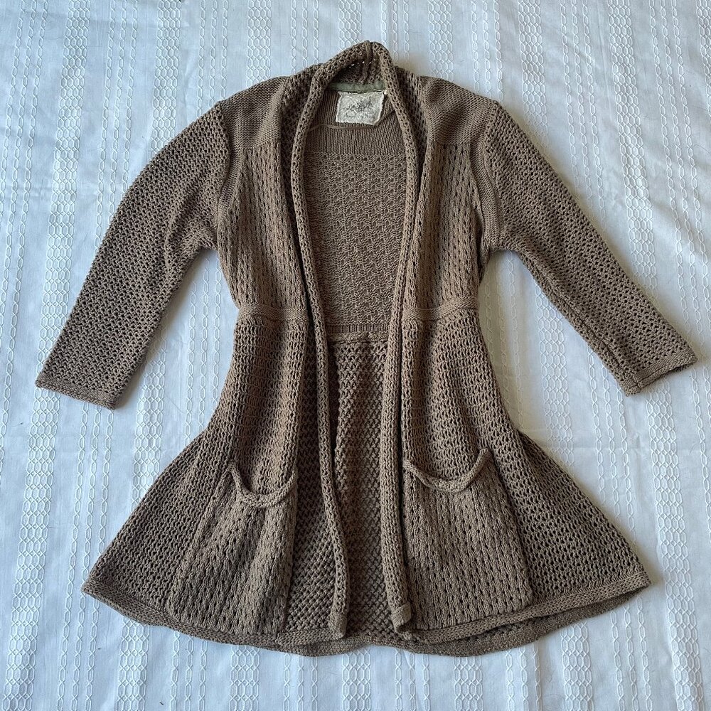 Anthropologie Vintage Angel of the North 3/4 Sleeve Open-Knit Cardigan Brown